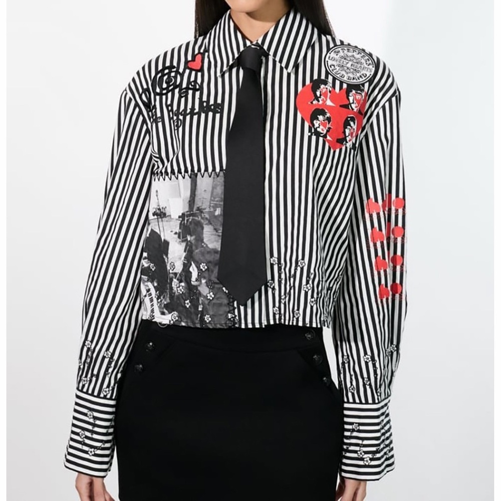 Alice + Olivia x The Beatles Pam Embroidered Shirt Blouse Black White Stripe XL